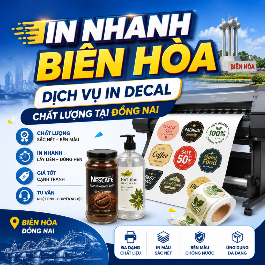 Bạn đang tìm kiếm dịch vụ in nhanh Biên Hòa với chất lượng cao, giá hợp lý và lấy liền trong ngày? Tại Đồng Nai, nhu cầu in decal, tem nhãn, sticker ngày càng tăng mạnh để phục vụ kinh doanh, quảng cáo và xây dựng thương hiệu. Dịch vụ in decal tại Biên Hòa không chỉ đáp ứng nhanh tiến độ mà còn đảm bảo độ sắc nét, bền màu và tính thẩm mỹ cao cho từng sản phẩm.